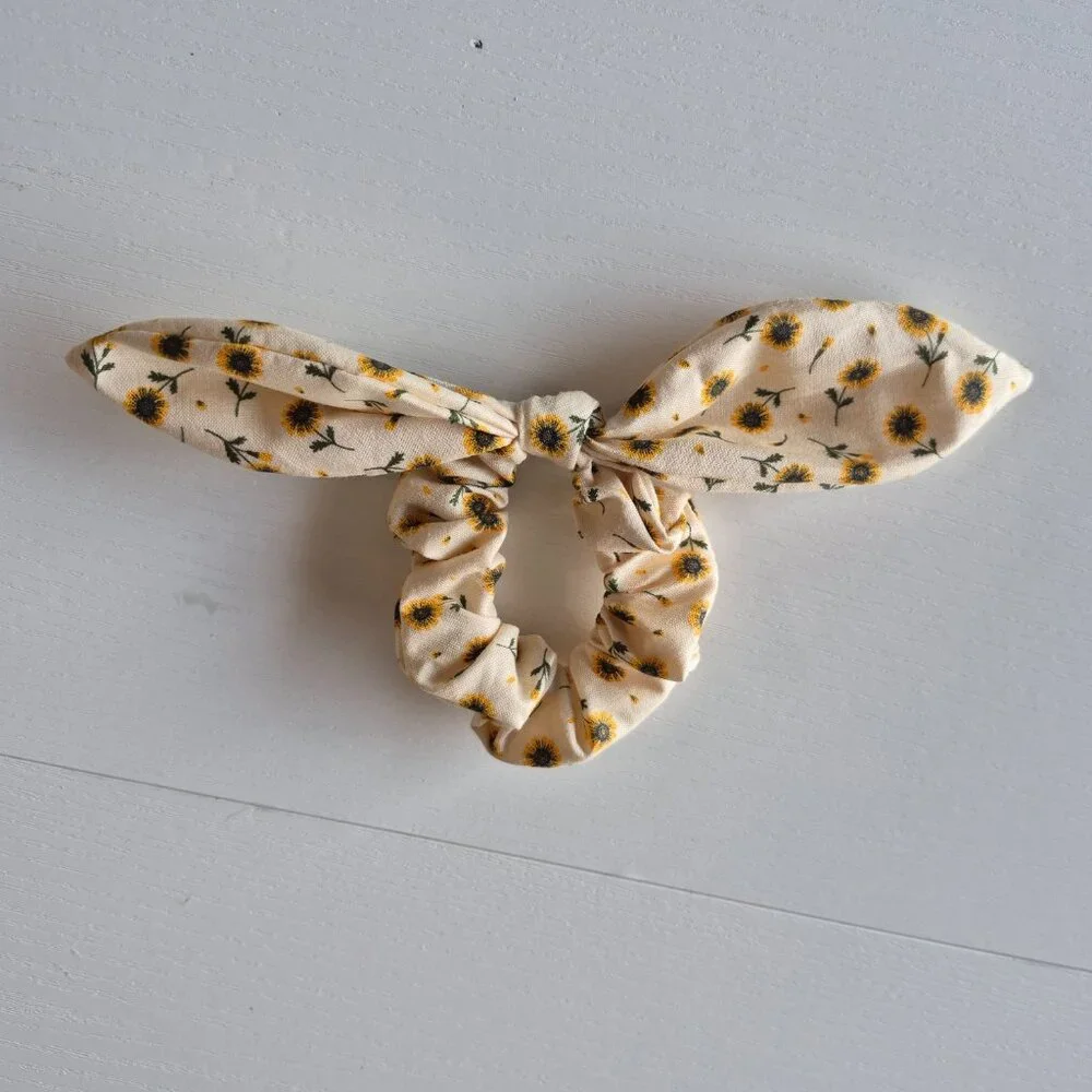 Yellow Sunflower Hair Scrunchie with Attached Bow - Handmade Floral Hair Accesso